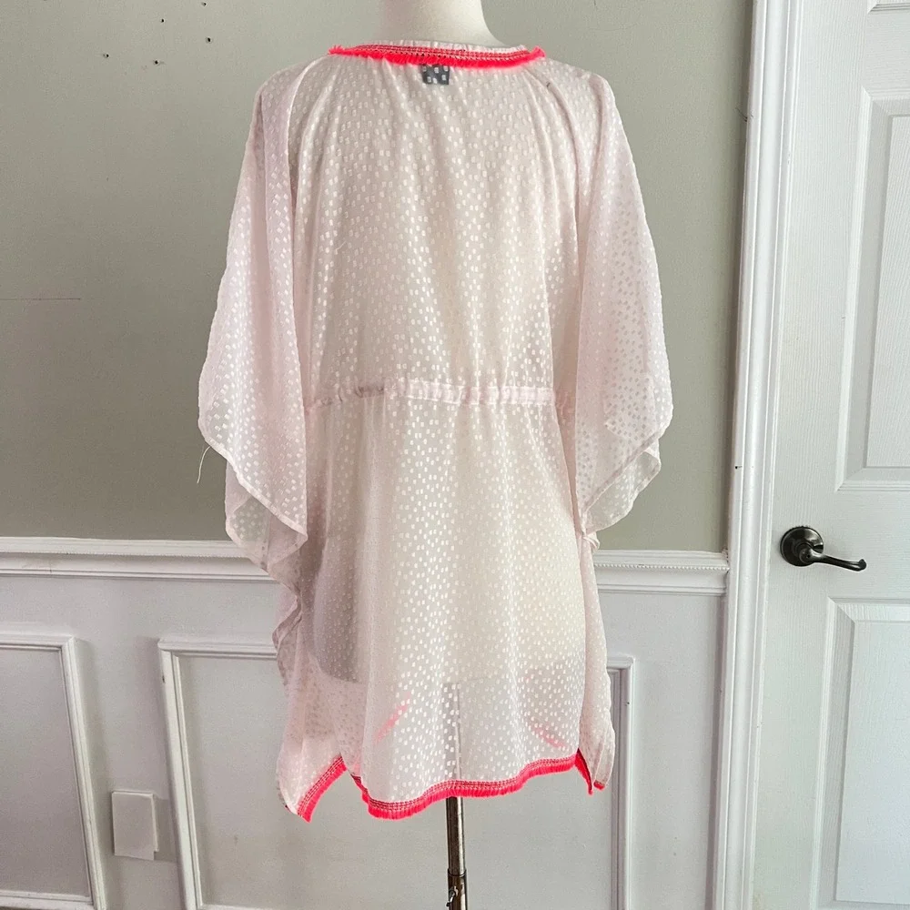 Steve Madden Kaftan Cover Up OSFM Women Sheer Dobby Dot Neon Pink Beach Pool